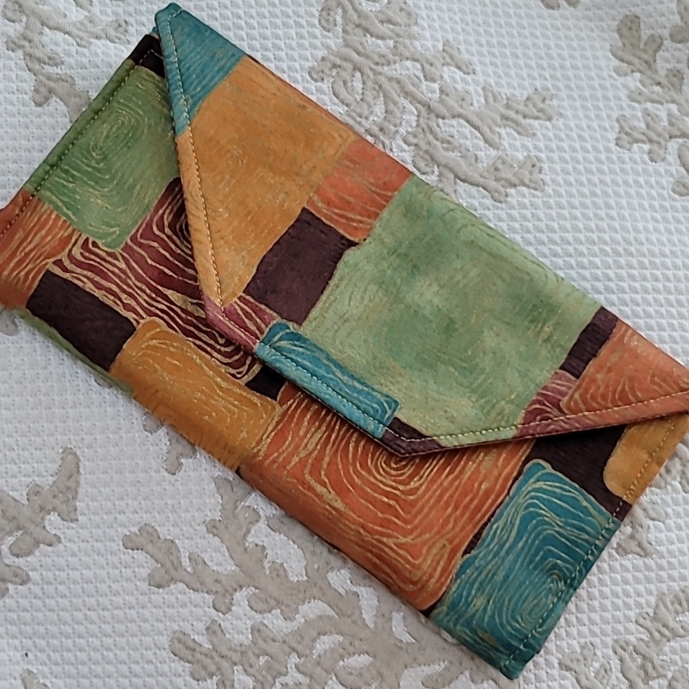 Thailand Cloth Batik Long Trifold Wallet In Multicolor Geometric Design.